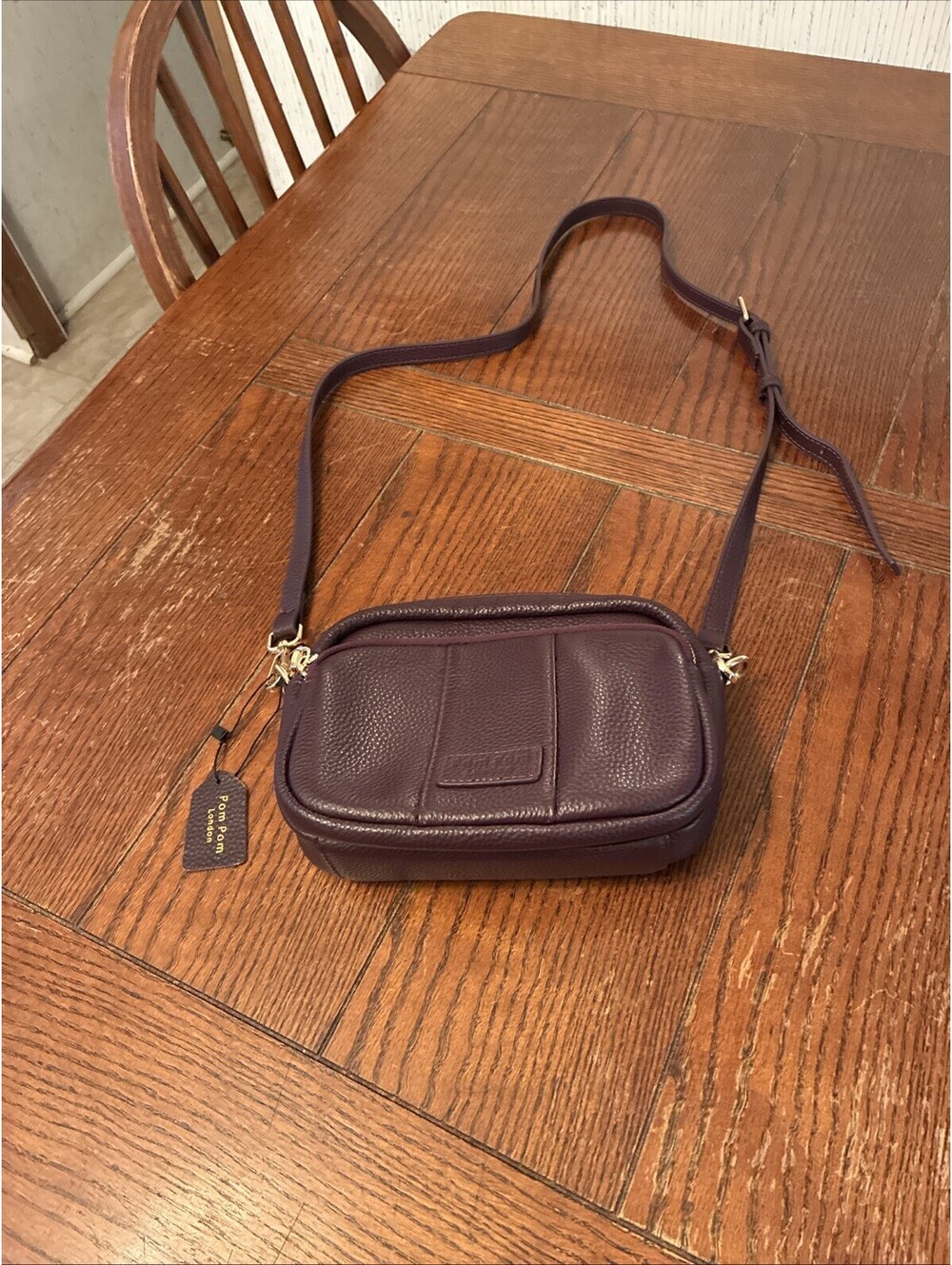 Pom Pom London City Mini Crossbody Bag Dark Purple Pebbled Leather Gold Tone